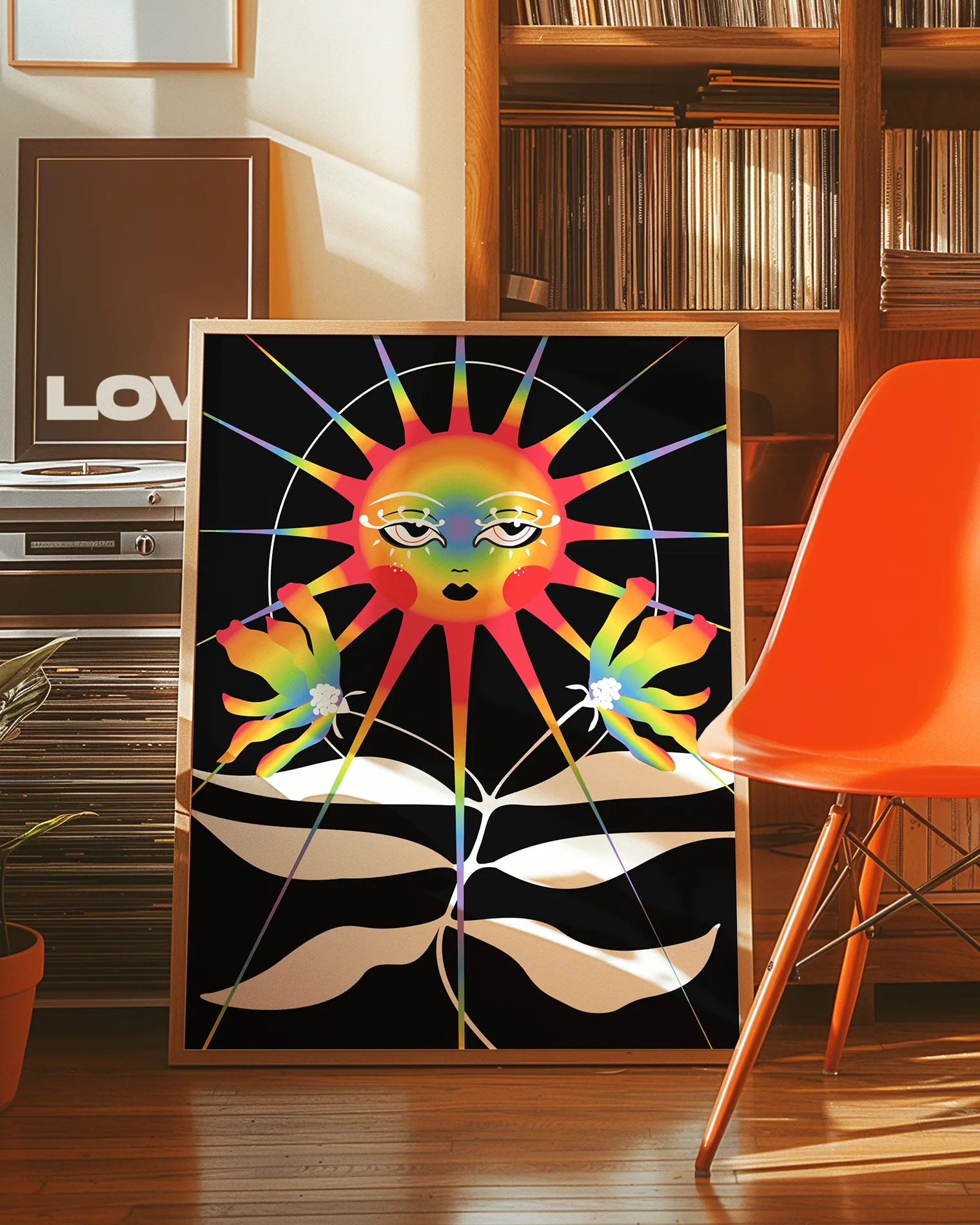 A print with a retrostyled sun in pride colours shining over pride colored flowers.