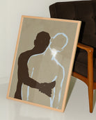A poster of two men in a minimalistic style hugging each other.