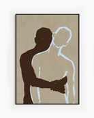 A poster of two men in a minimalistic style hugging each other.
