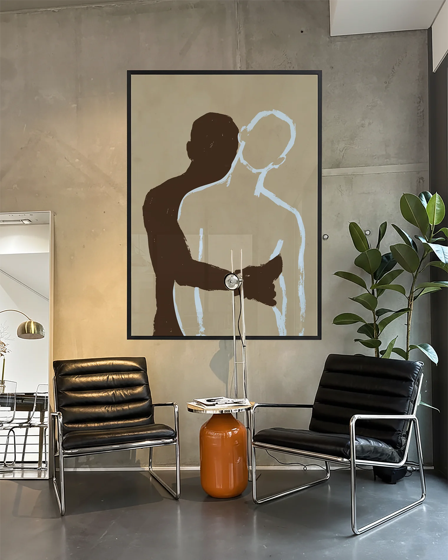 A poster of two men in a minimalistic style hugging each other.