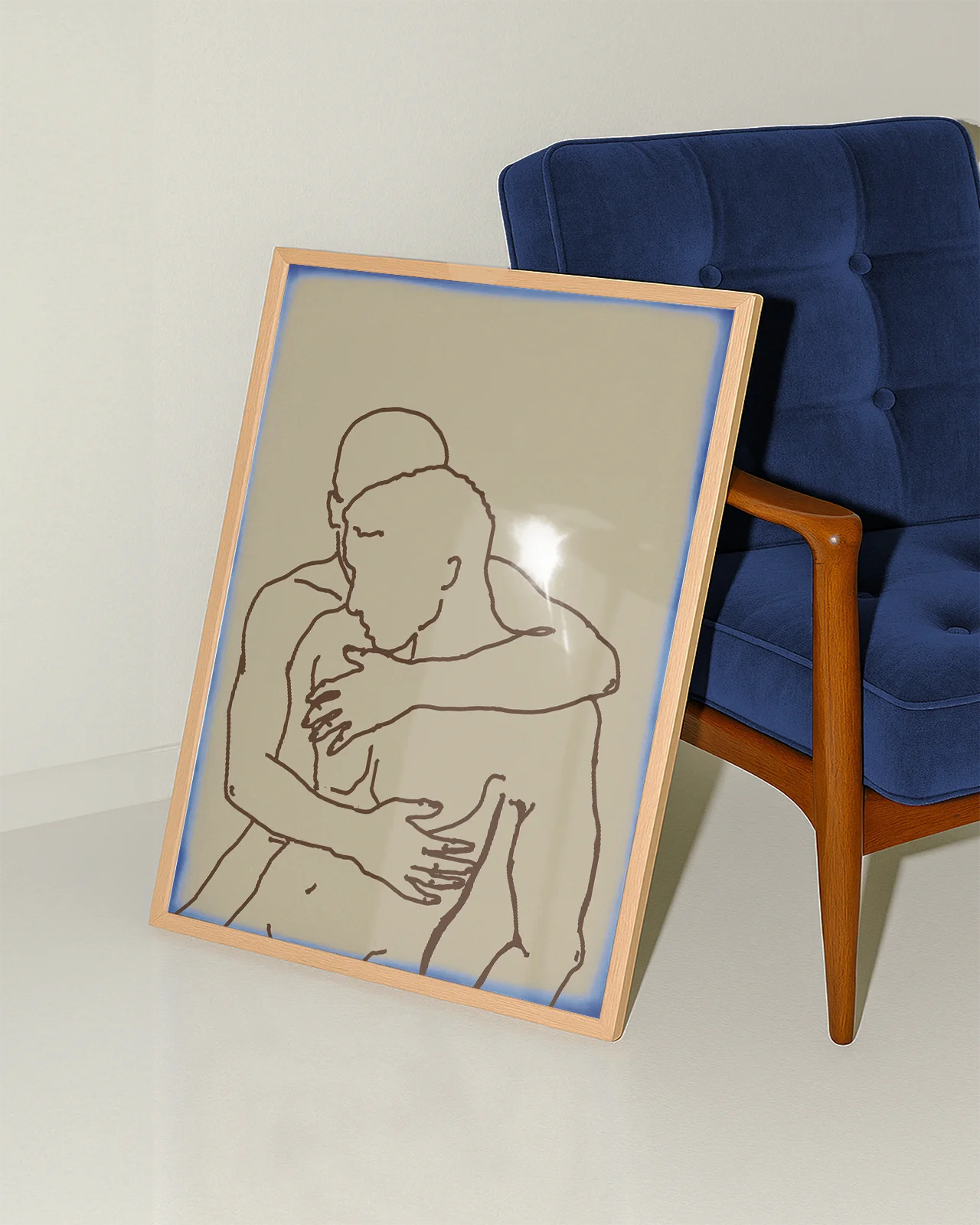 A poster with two naked men hugging each other in a lineart style.