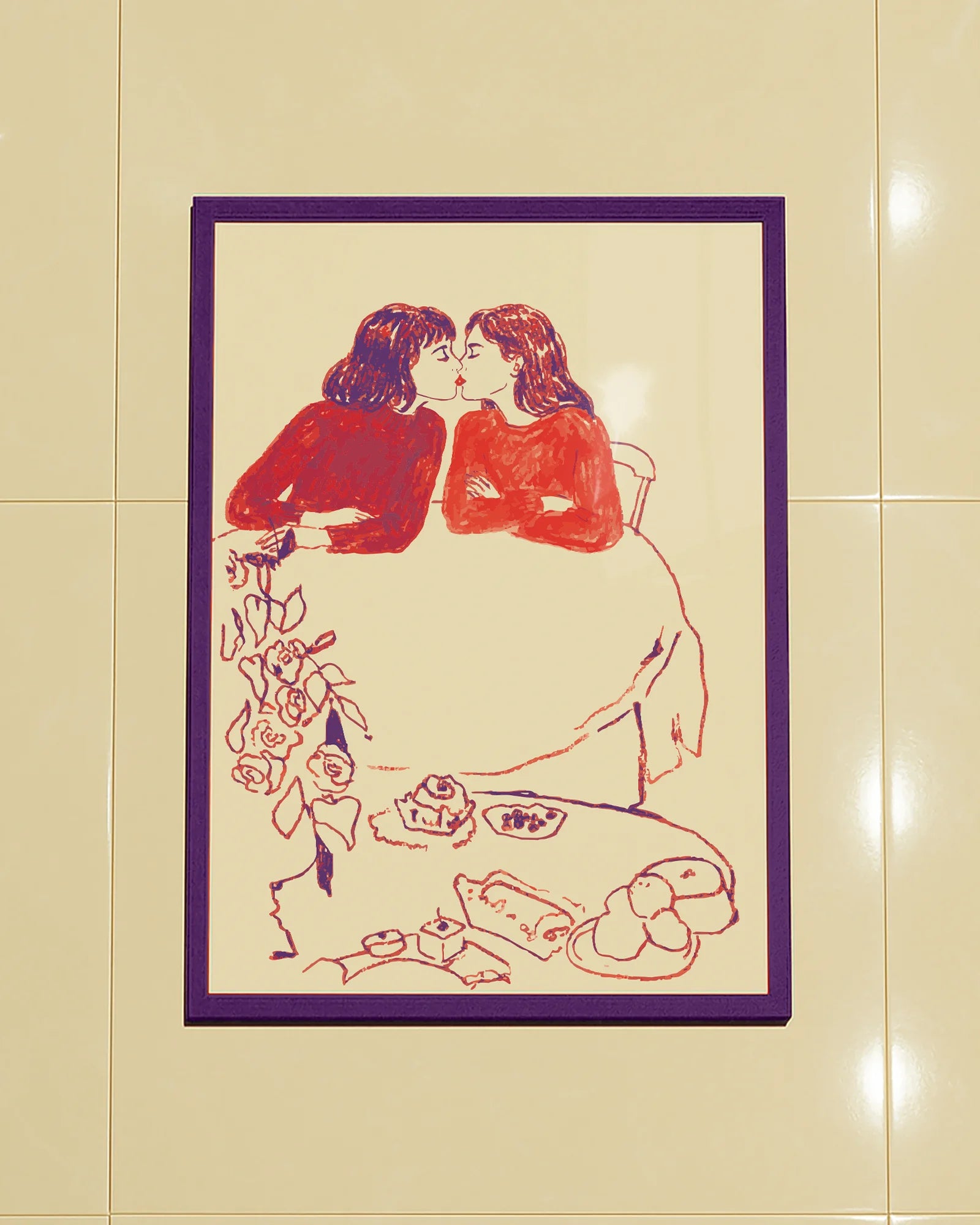 A framed poster with a sketched, lesbian cute couple kissing at a café.