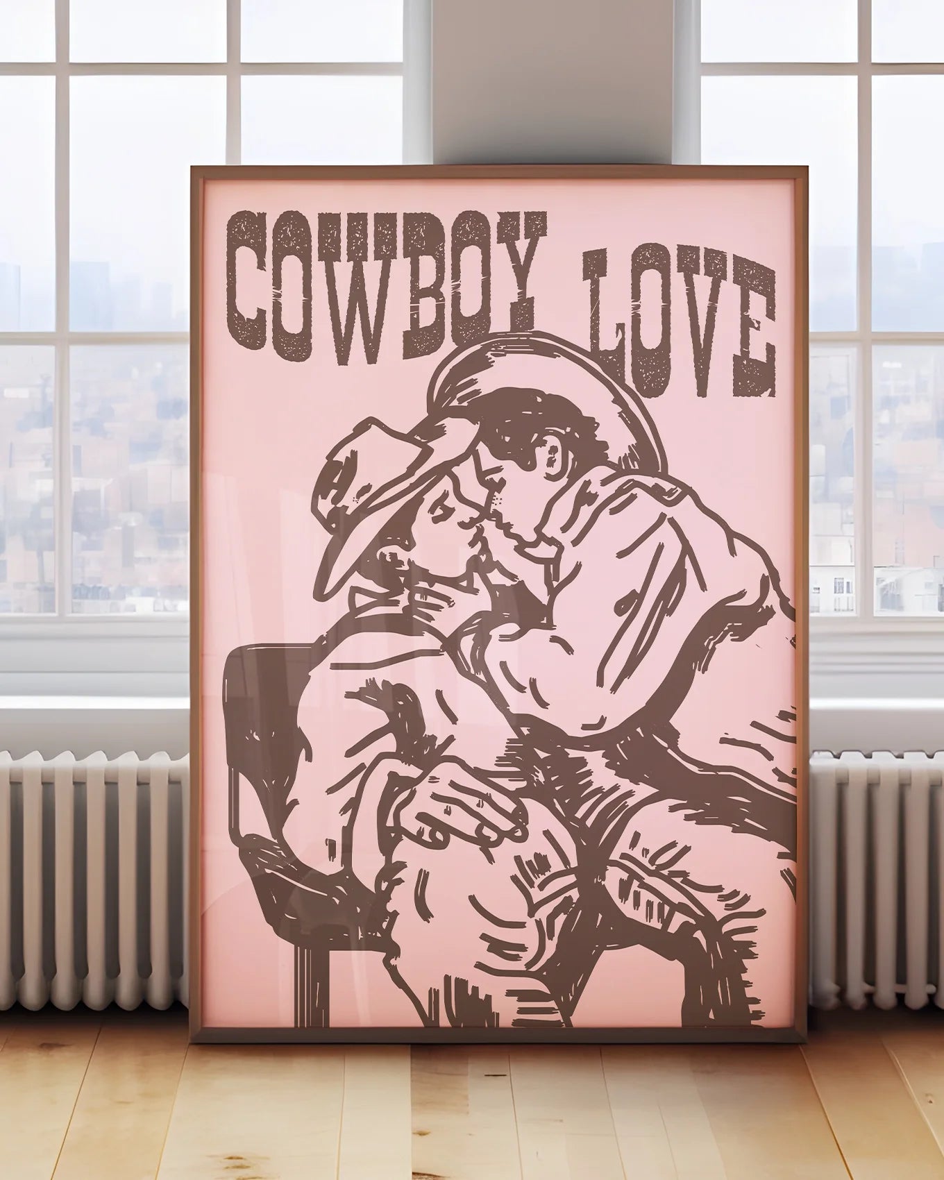 A poster of two cowboys kissing with the text 'Cowboy Love'
