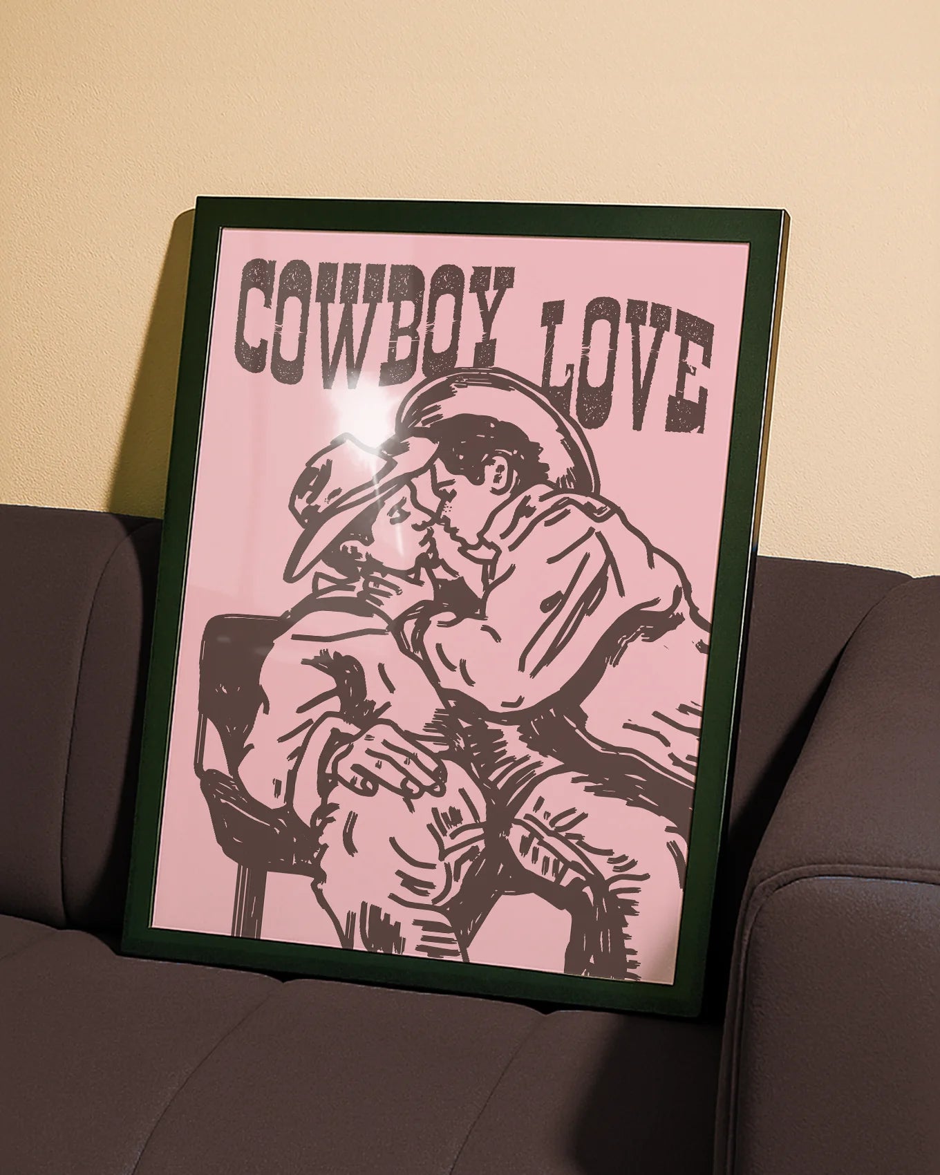A poster of two cowboys kissing with the text 'Cowboy Love'