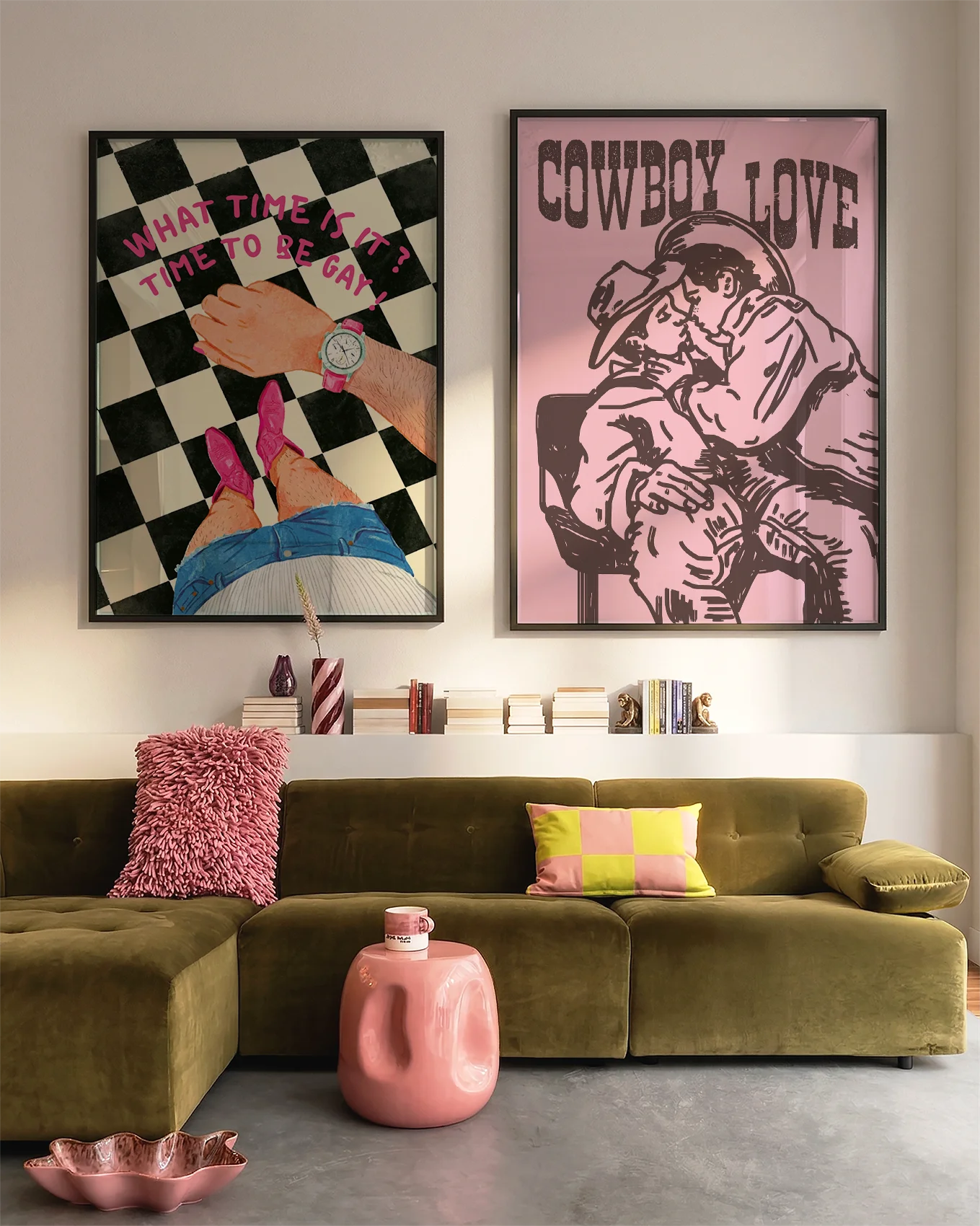 A poster of two cowboys kissing with the text 'Cowboy Love'