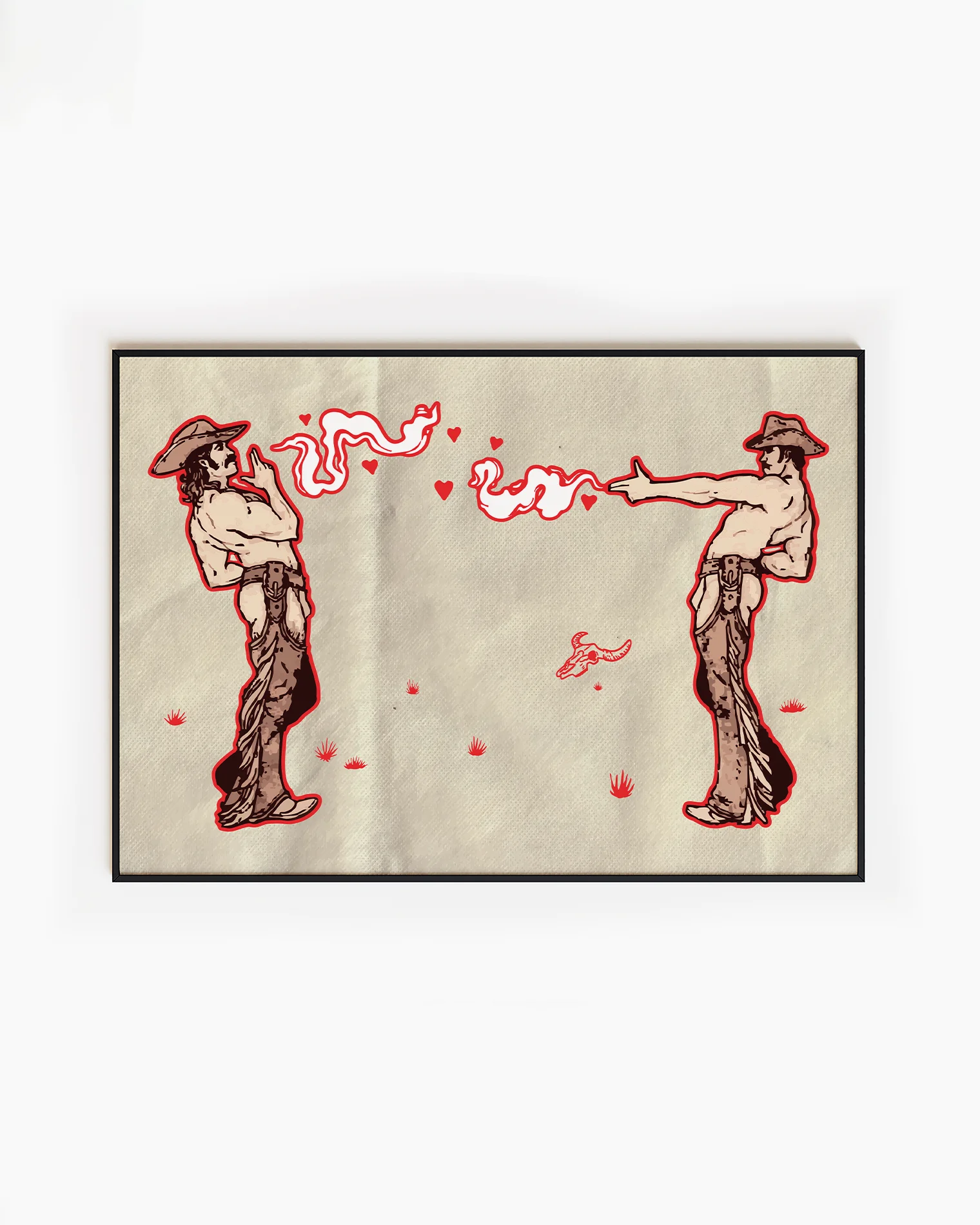 A framed poster with two gay cowboys.