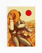 A poster with two illustrated cowboys sitting on a horse, kissing behind a cowboy hat, sunset in he background.