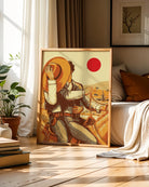 A poster with two illustrated cowboys sitting on a horse, kissing behind a cowboy hat, sunset in he background.