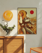 A poster with two illustrated cowboys sitting on a horse, kissing behind a cowboy hat, sunset in he background.