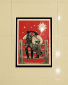 A framed poster with two lesbian cowgirls, sitting on a wooden fence, talking and flirting.