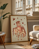 A poster with two lesbian cowgirls riding on a horse together.