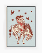 A poster with two lesbian cowgirls riding on a horse together.