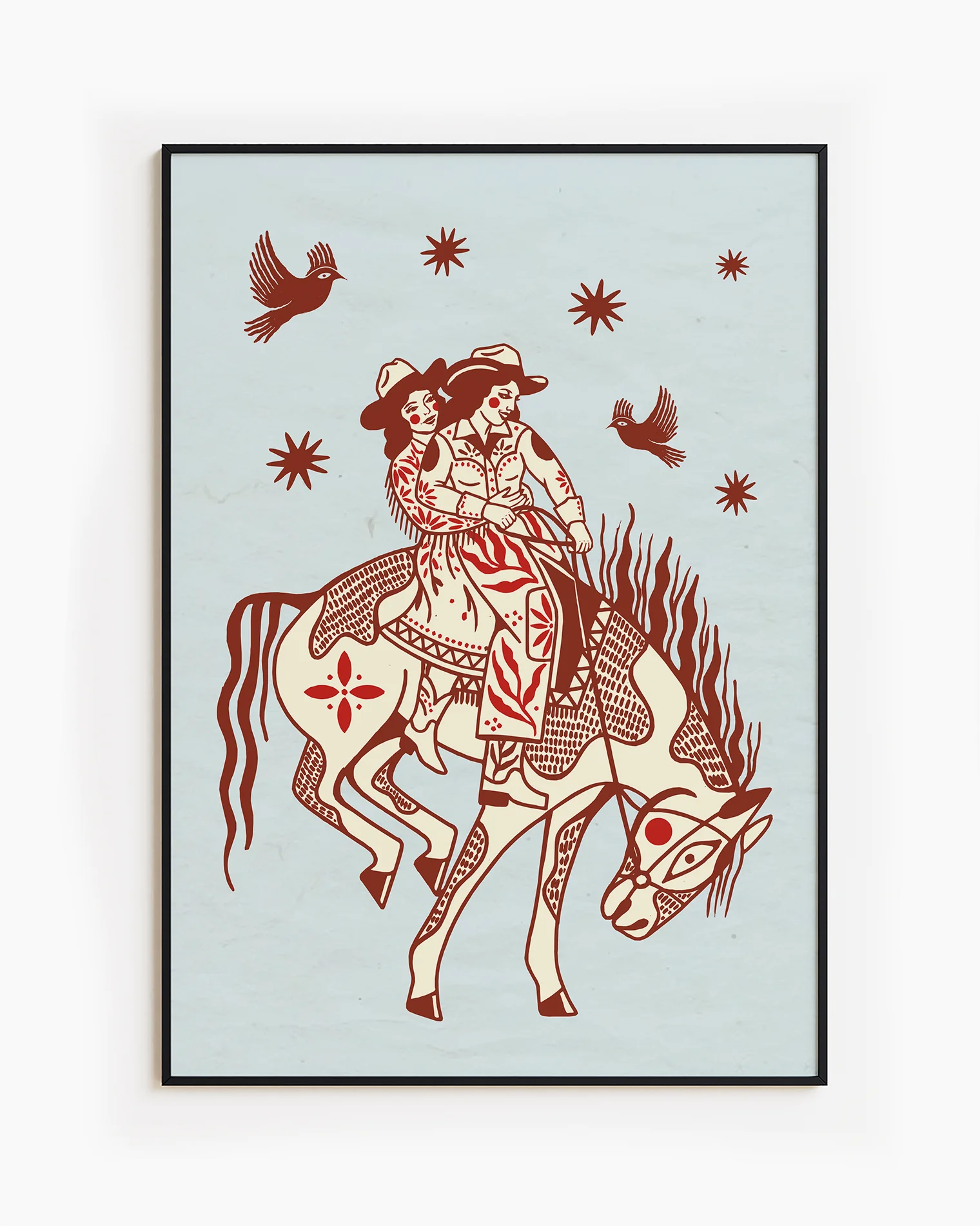 A poster with two lesbian cowgirls riding on a horse together.