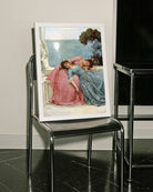 A framed poster with two sapphic ladies laying on each other in a park, victorian era, oil painting style.