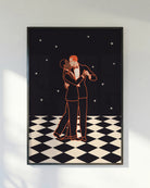 A poster of two men in dancing and kissing, 1930's style.