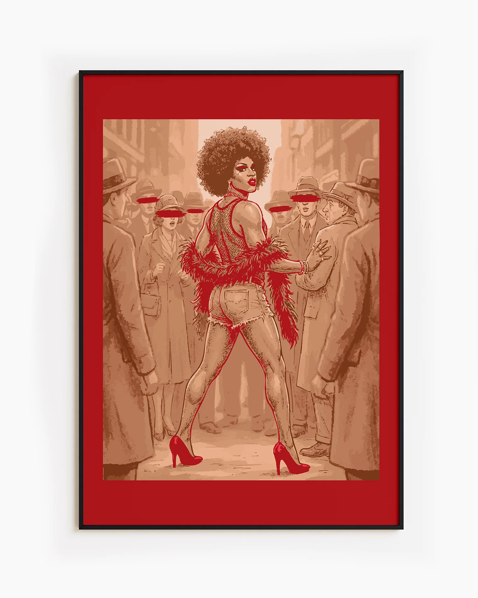 A framed poster featuring a fabulous drag queen standing in the middle of a crowd where every other face is blurred and anonymous. She’s the star — the rest is just background noise.
