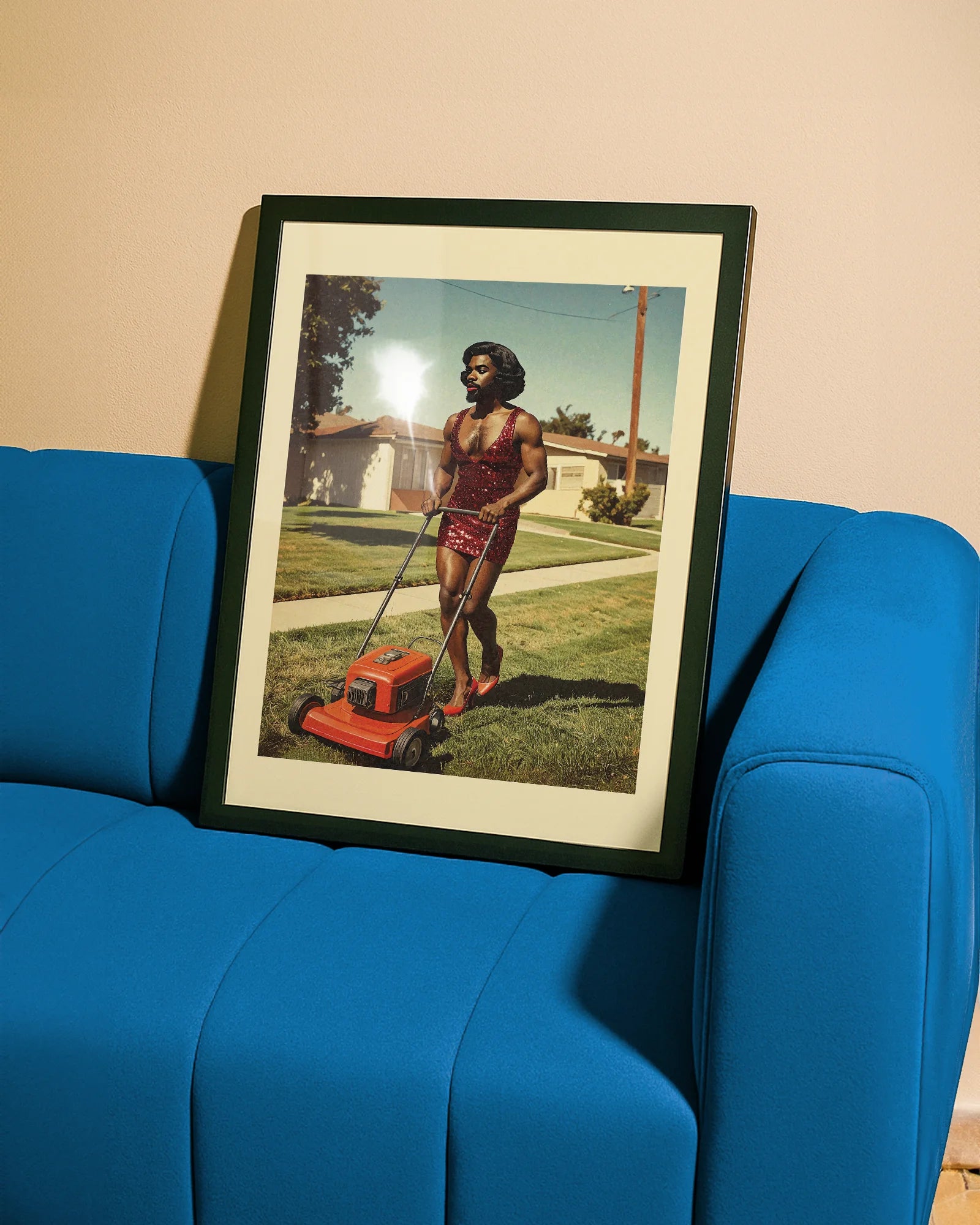 A poster featuring a fabulous drag queen in a red, glittery dress, big wig, and full makeup, mowing the lawn. The background is a charming suburban neighborhood from the 1970s, with a warm, nostalgic retro vibe.