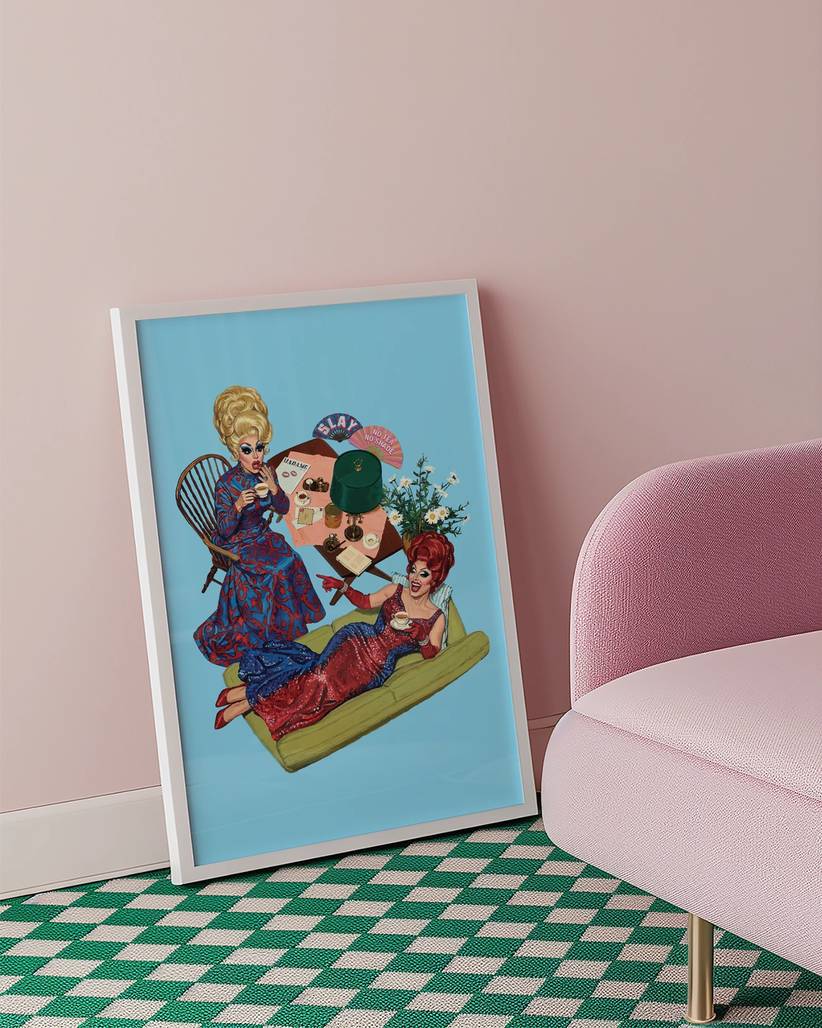 A framed print with two dragqueens spilling some tea, gossiping and laughing.
