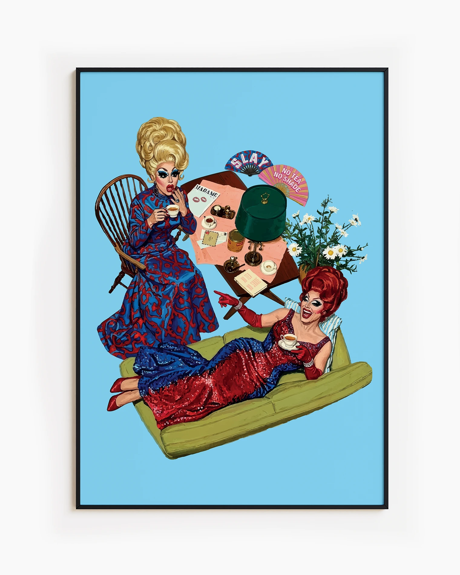 A framed print with two dragqueens spilling some tea, gossiping and laughing.