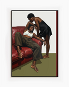 A framed poster with a black, lesbian couple kissing.
