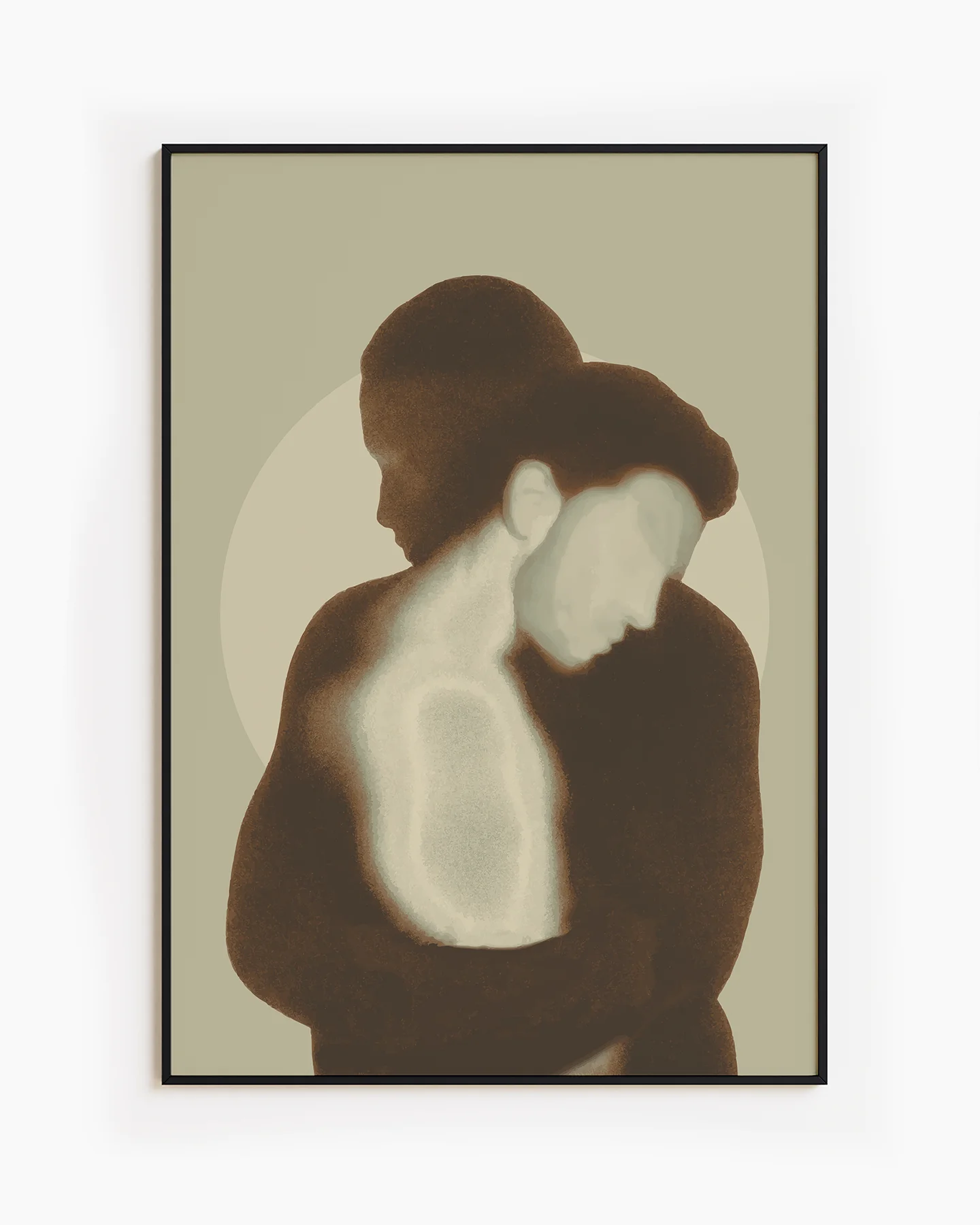 A poster of two men hugging, abstract and minimalistic style.