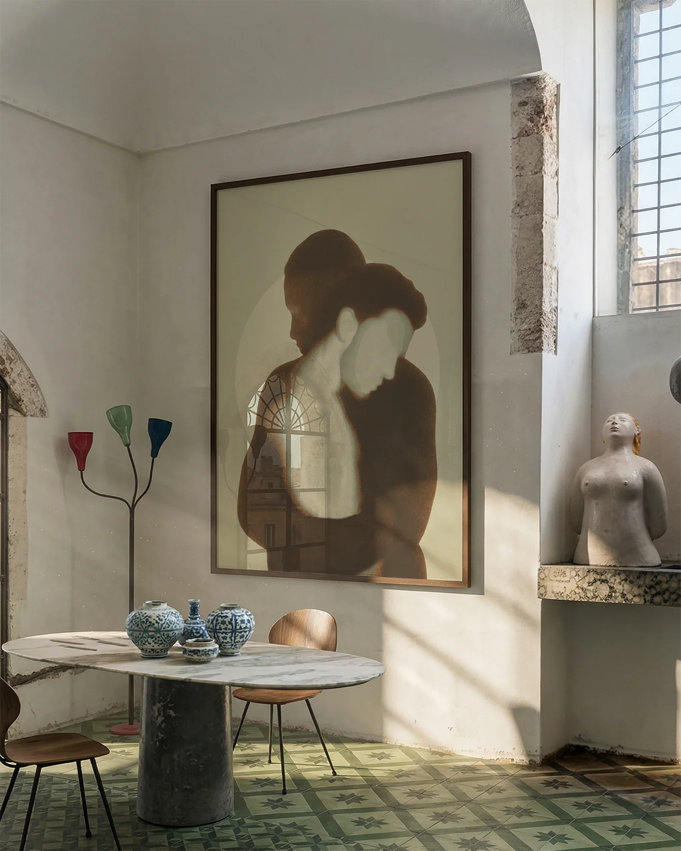 A poster of two men hugging, abstract and minimalistic style.