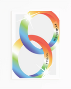 A print with two illustrated, shiny engagement rings in smooth pride colours with the engraved text 'Forever yours'.