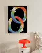 A print with two illustrated, shiny engagement rings in smooth pride colours with the engraved text 'Forever yours'.