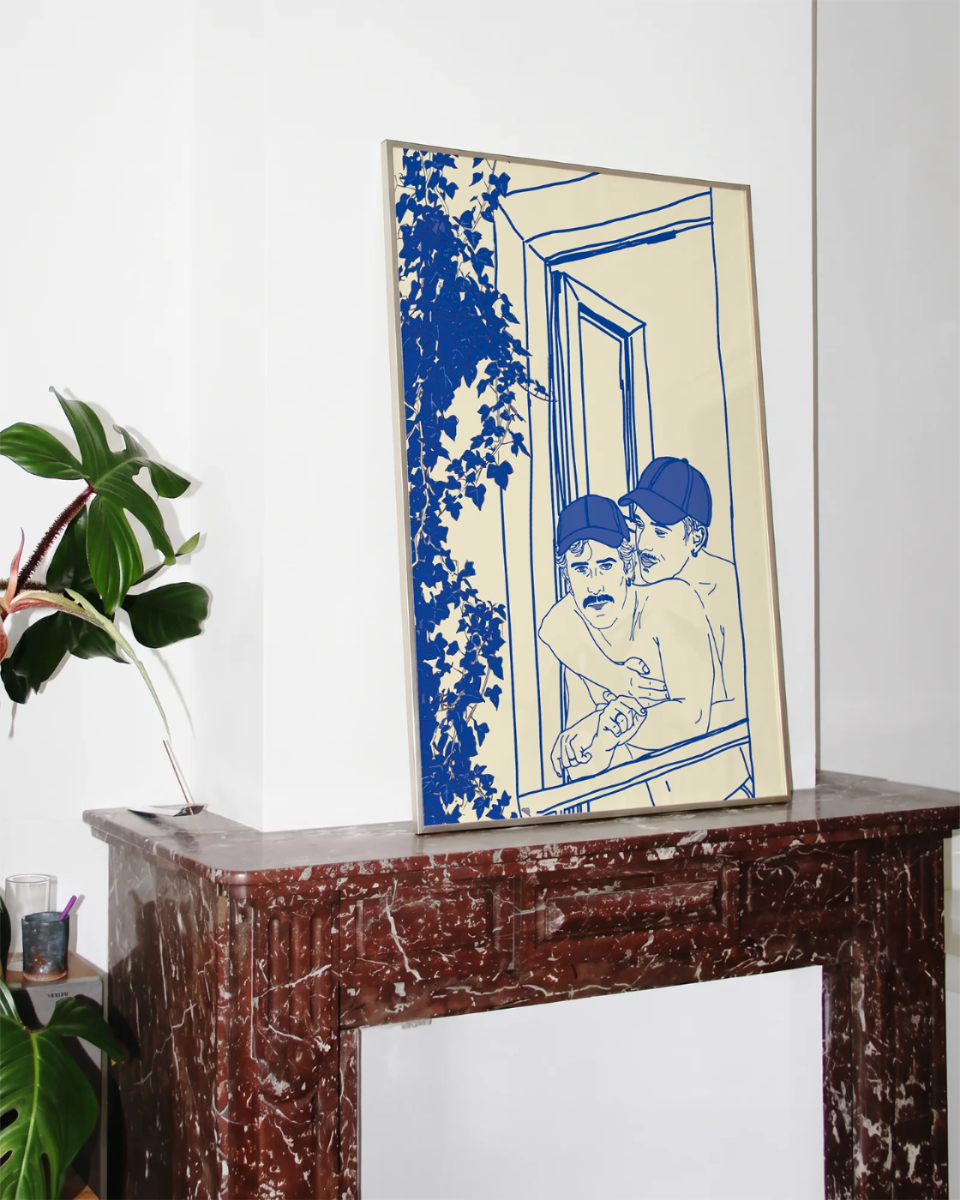 A poster with two gay men hugging from behind on a french balcony, linear style.
