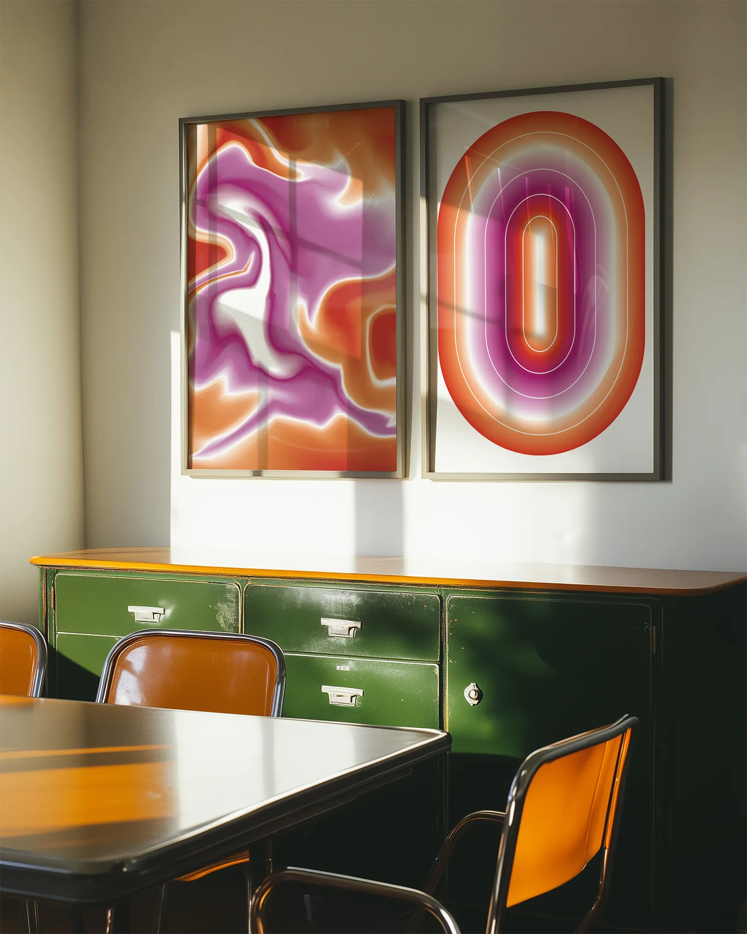 A gallery wall with two lesbian pride flag themed prints.