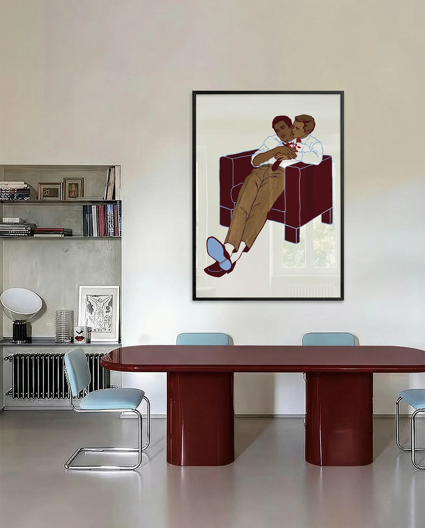 A framed poster with two gay men hugging.