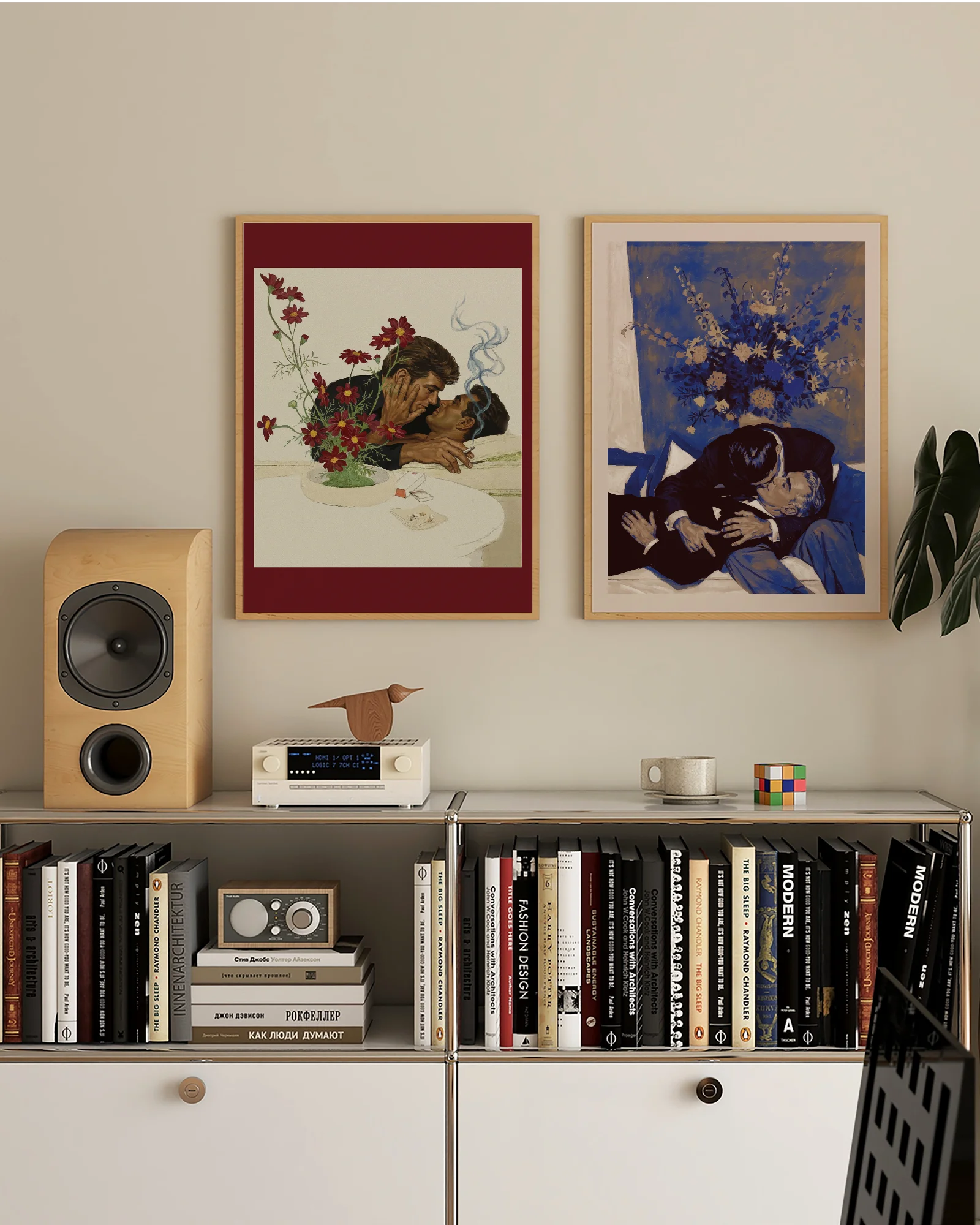 A framed print with two gentlemen in suits kissing on a couch, 1940's vintage style.
