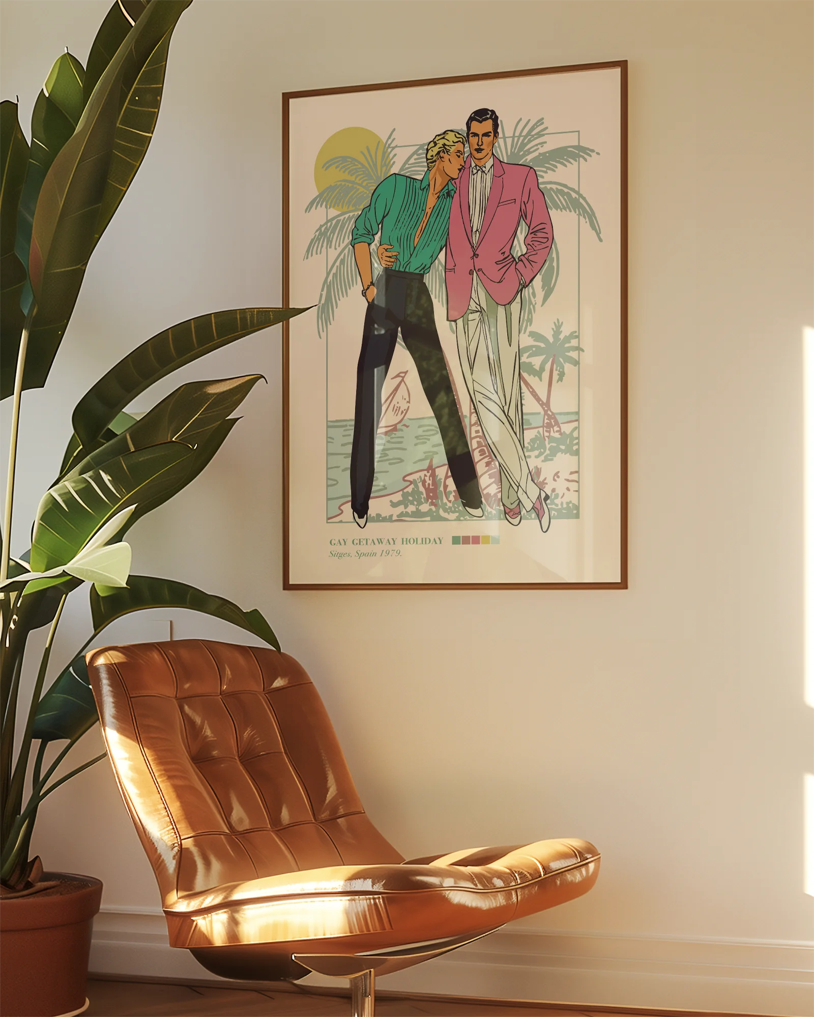 A poster depicting two gay men in a romantic embrace on a warm beach, featuring the text: “GAY GETAWAY HOLIDAY” & “Sitges, Spain 1979.”