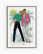 A poster depicting two gay men in a romantic embrace on a warm beach, featuring the text: “GAY GETAWAY HOLIDAY” & “Sitges, Spain 1979.”
