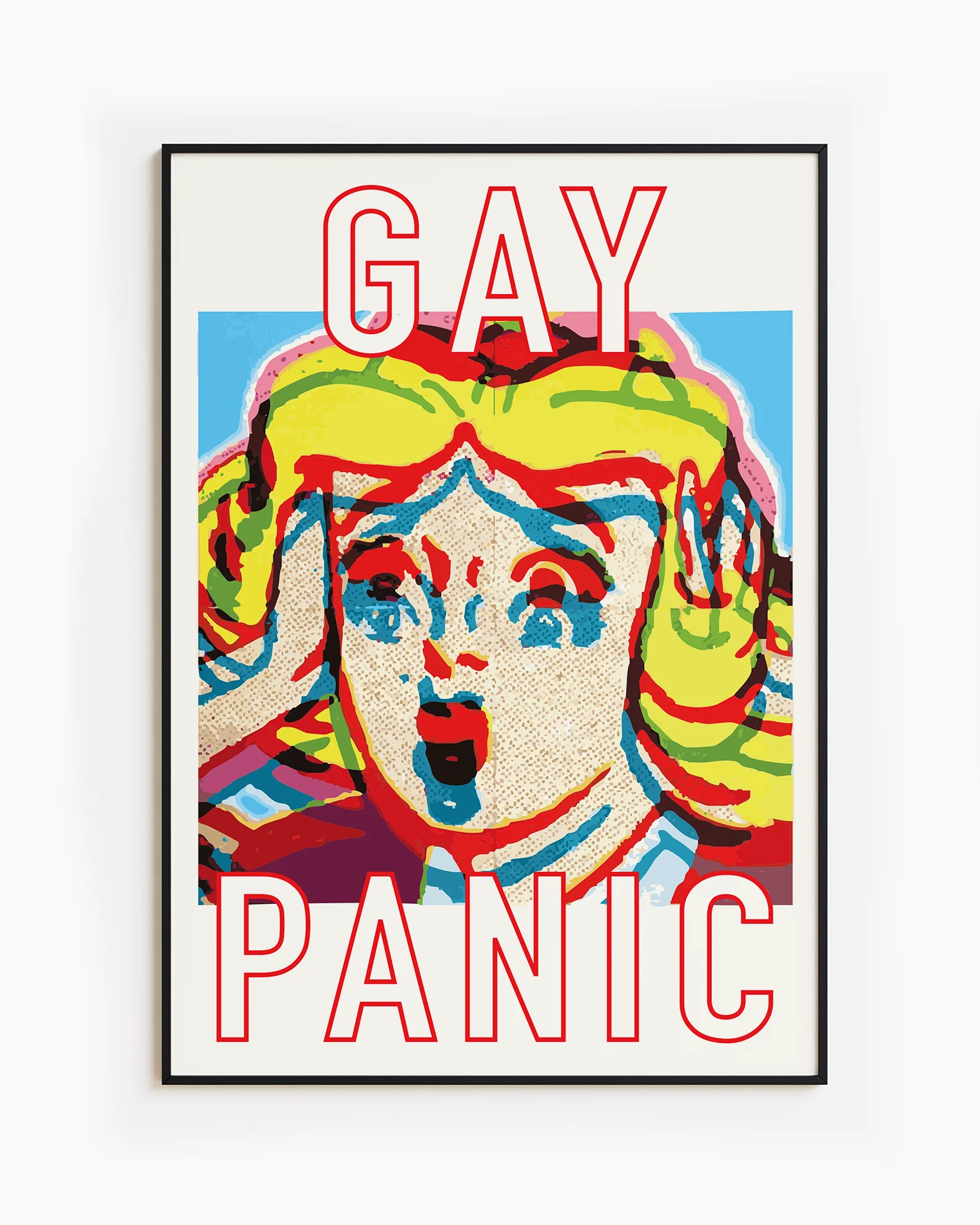 A framed poster featuring a screaming woman in pop art style with the text: *"GAY PANIC"* in red.
