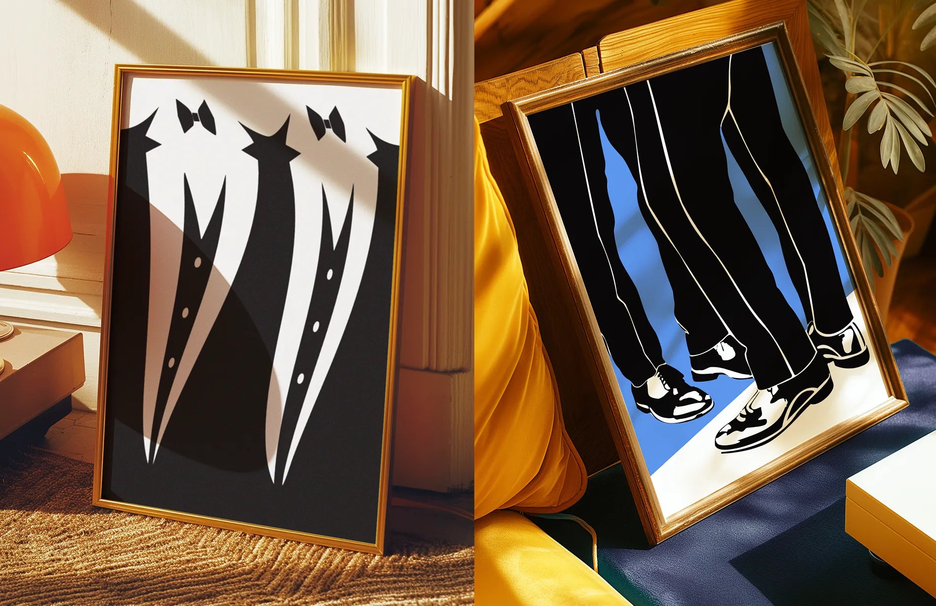 Two framed posters with illustrated suits.