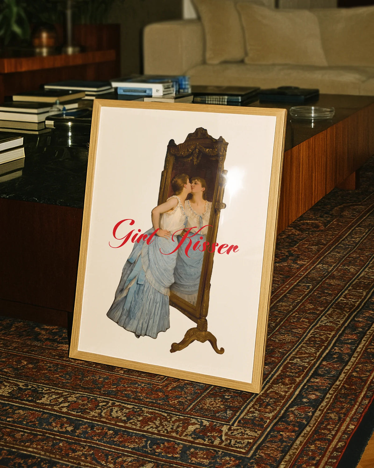 A poster of a woman kissing her reflection in a mirror with the text GIRL KISSER.