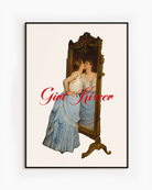 A poster of a woman kissing her reflection in a mirror with the text GIRL KISSER.