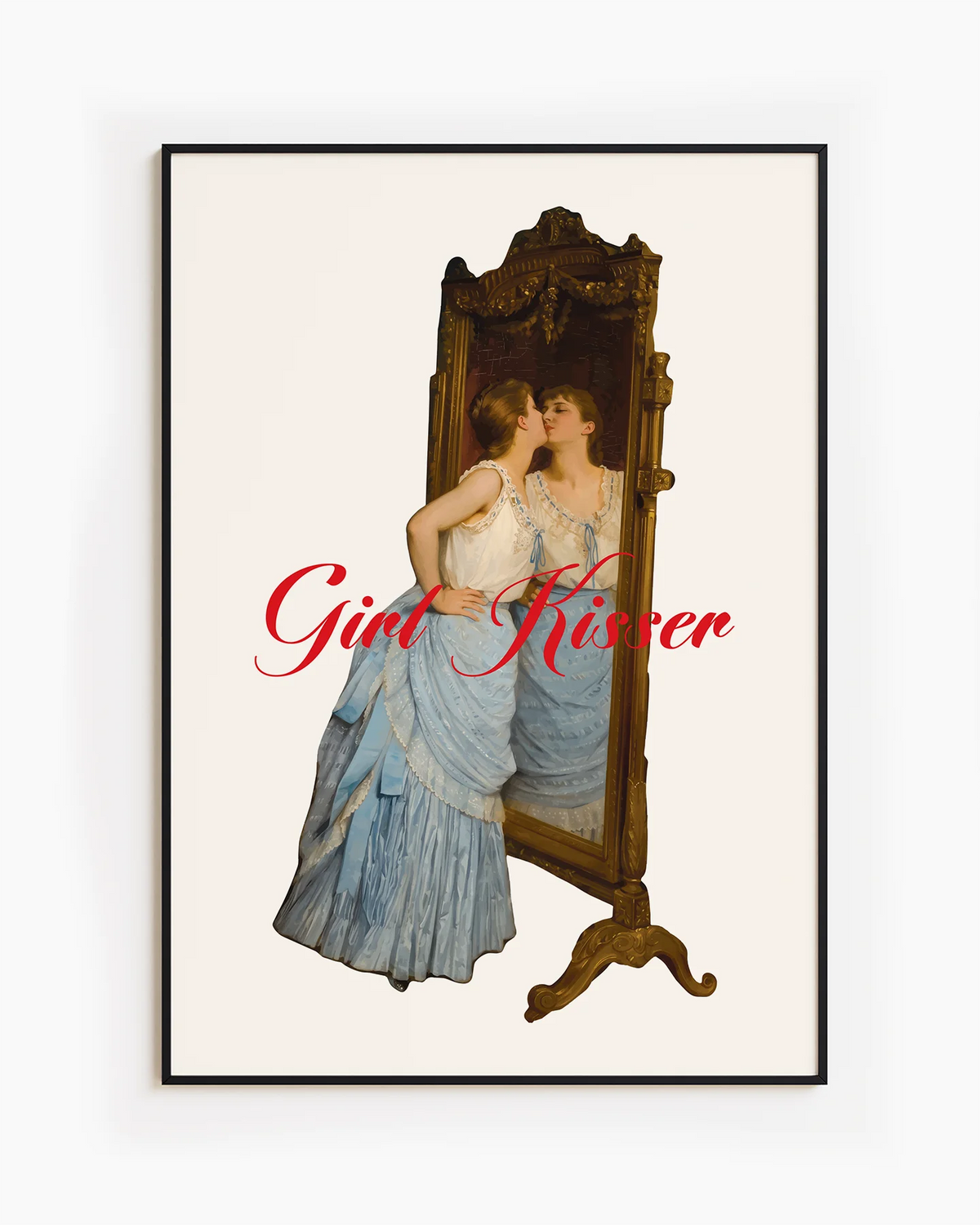 A poster of a woman kissing her reflection in a mirror with the text GIRL KISSER.