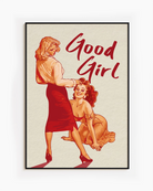 The poster depicting a woman standing in front of her lover, who kneels and looks up at her with a smile, accompanied by the text 'Good Girl'.