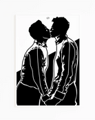 A poster with a silhouette of two men kissing.