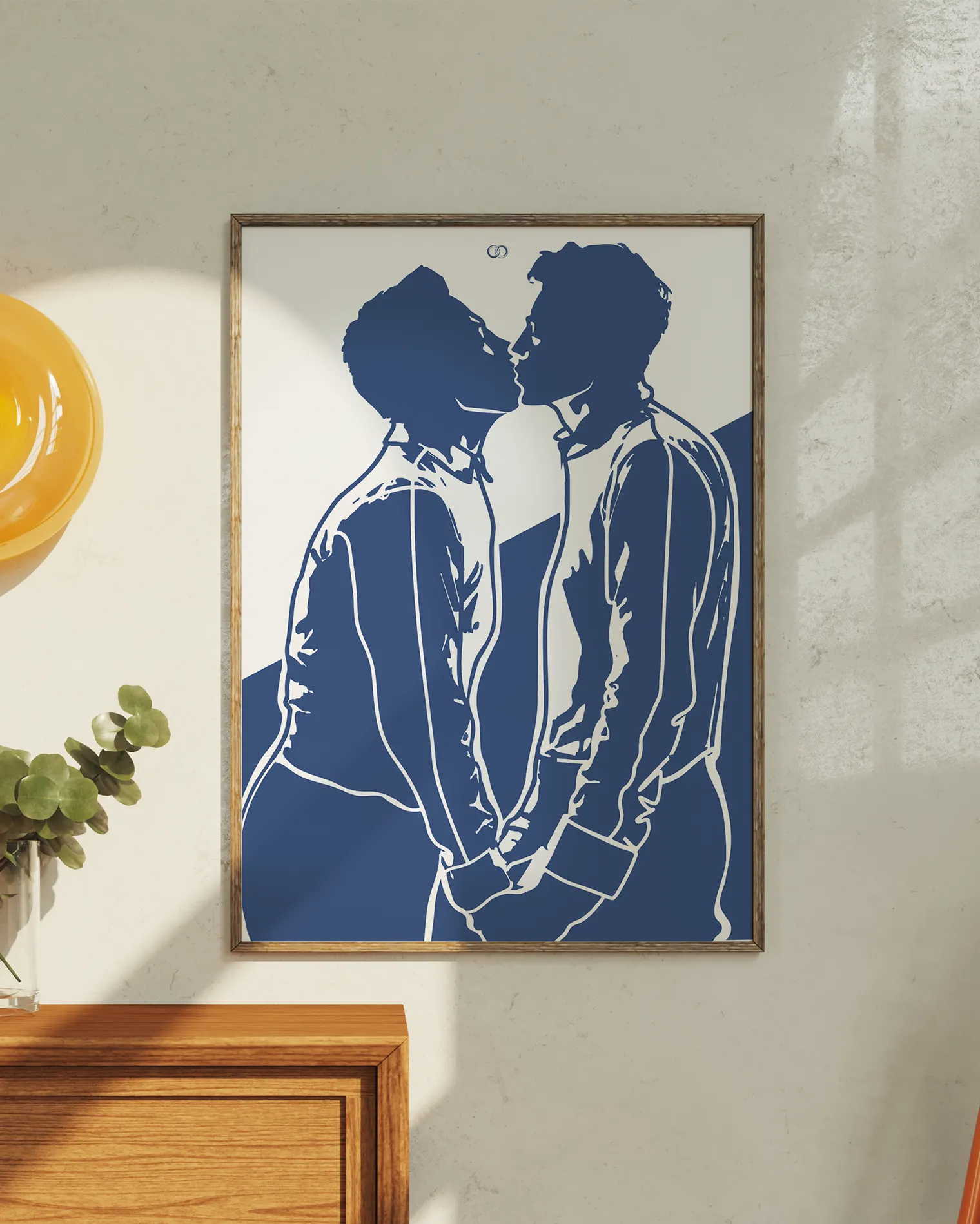 A poster with a silhouette of two men kissing.