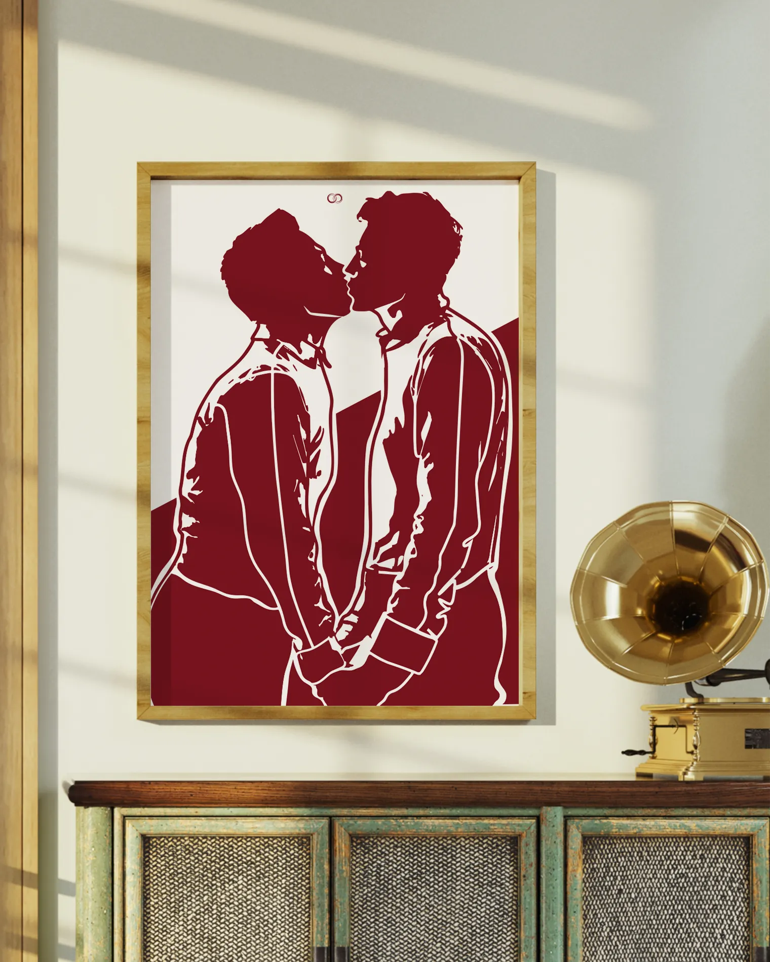 A poster with a silhouette of two men kissing.
