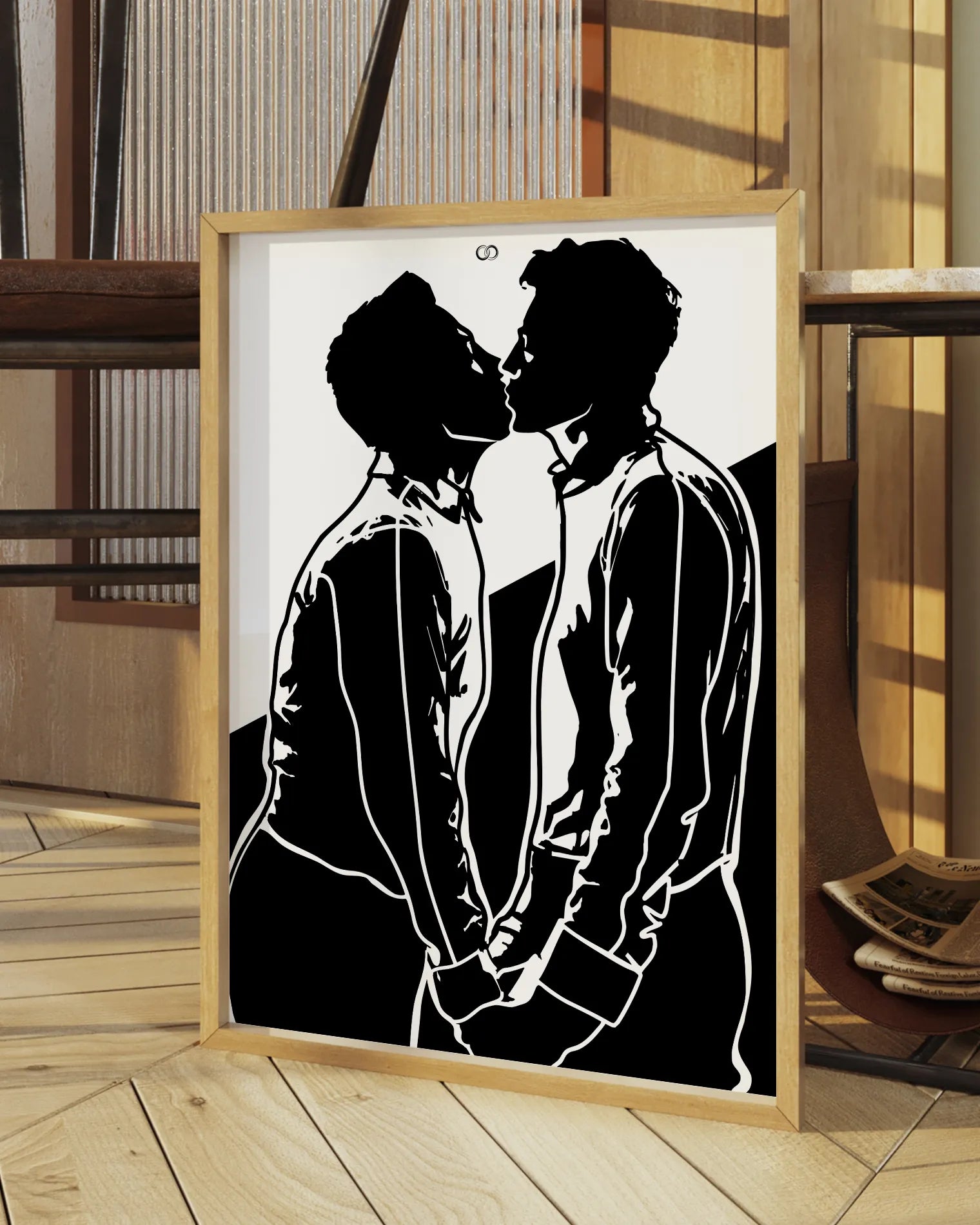 A poster with a silhouette of two men kissing.