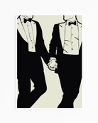 A print with an illustrated male couple in suits, hand in hand.