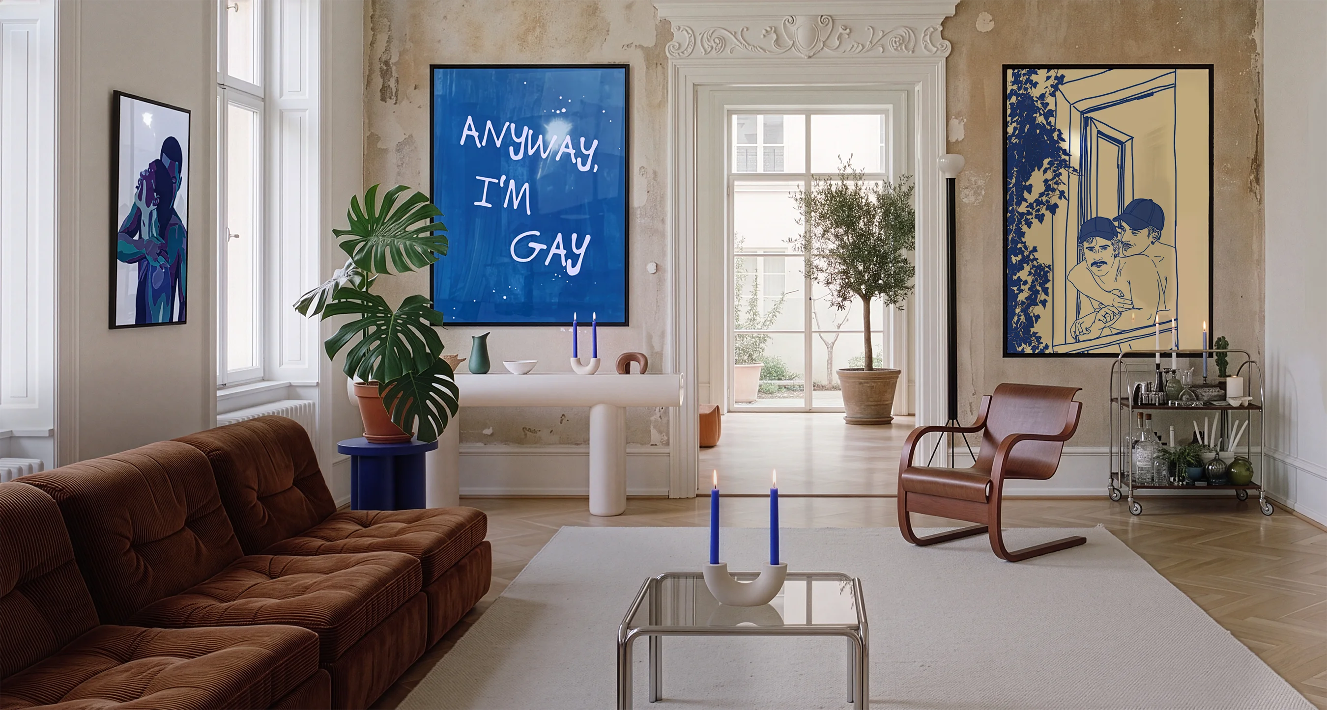 A header image with three gay poster in a living room.
