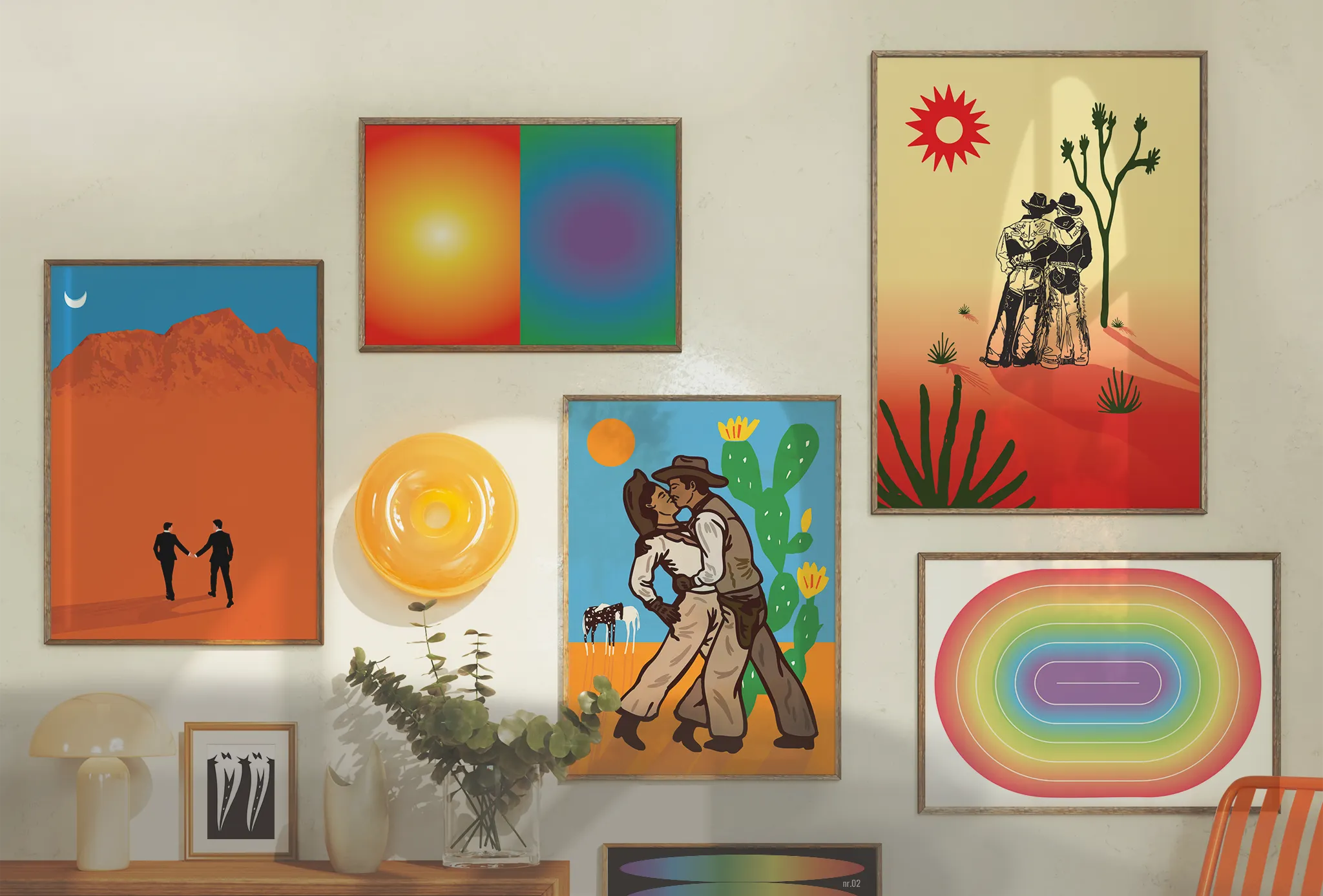 A gallery wall with six posters with pride colours and queer theme.