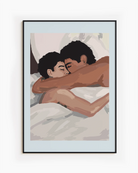 A romantic gay poster of two men slumbering in a bed.