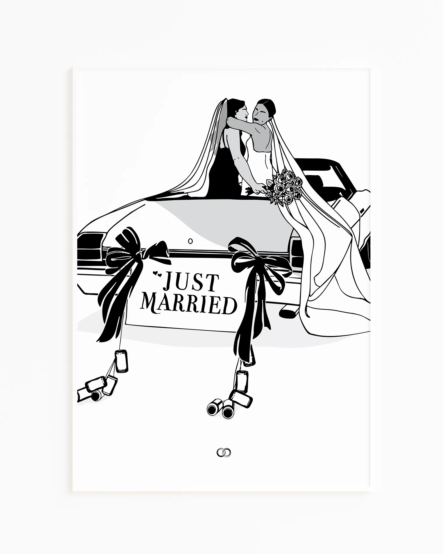 A poster with a bride couple sitting in the backseat of a car with a sign 'JUST MARRIED'.