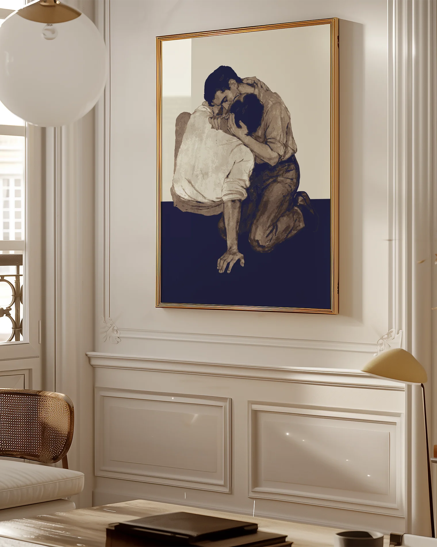 A poster with two men kissing on the floor.